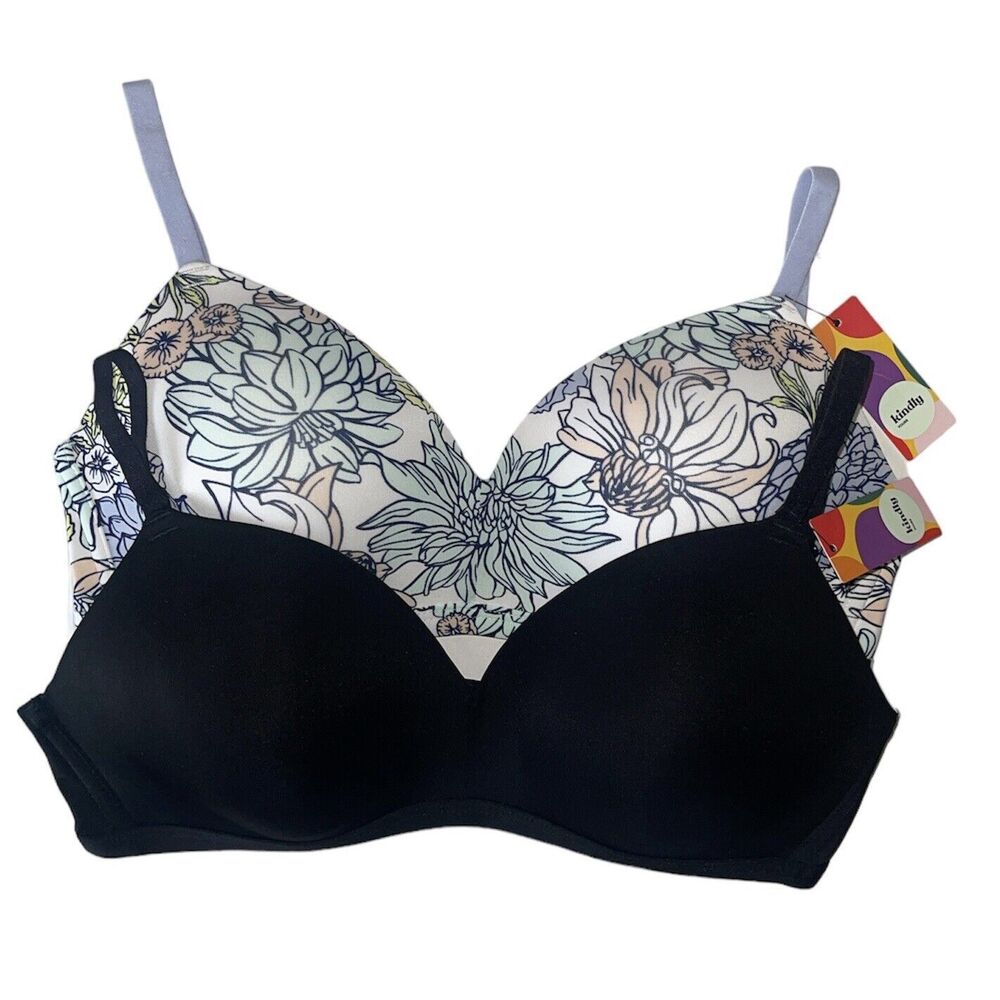 Kindly Yours Women's Sustainable Wireless T-shirt Bra 2 Pack Black & Floral 32C